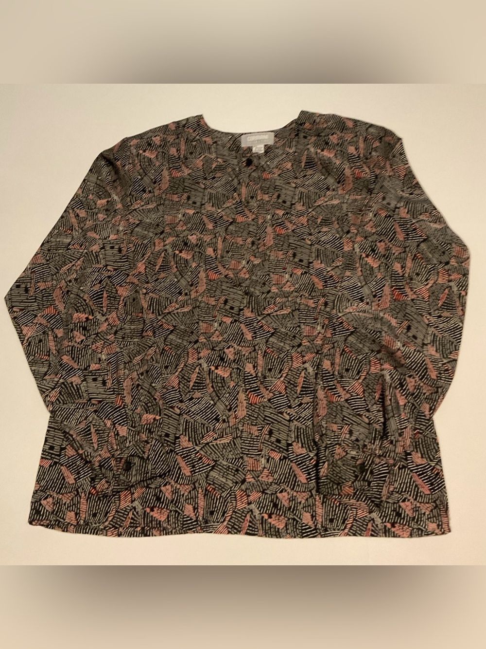 Corman Collection Women's 12 Black Red White Abstract Round Neck Button Blouse.